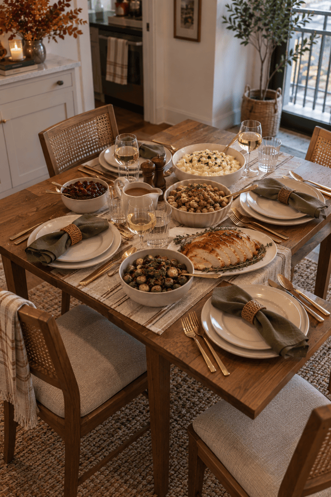 Compact Thanksgiving dining table arranged with plates, glasses, and serving dishes to show available space