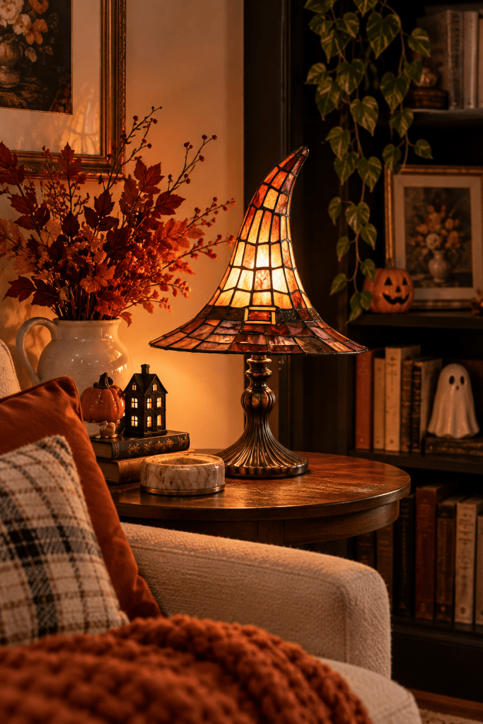 Vintage-style stained-glass witch hat lamp glowing on a wooden side table