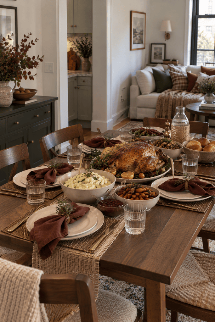 Small Thanksgiving dining table with turkey, roasted vegetables, and traditional side dishes as the centerpiece