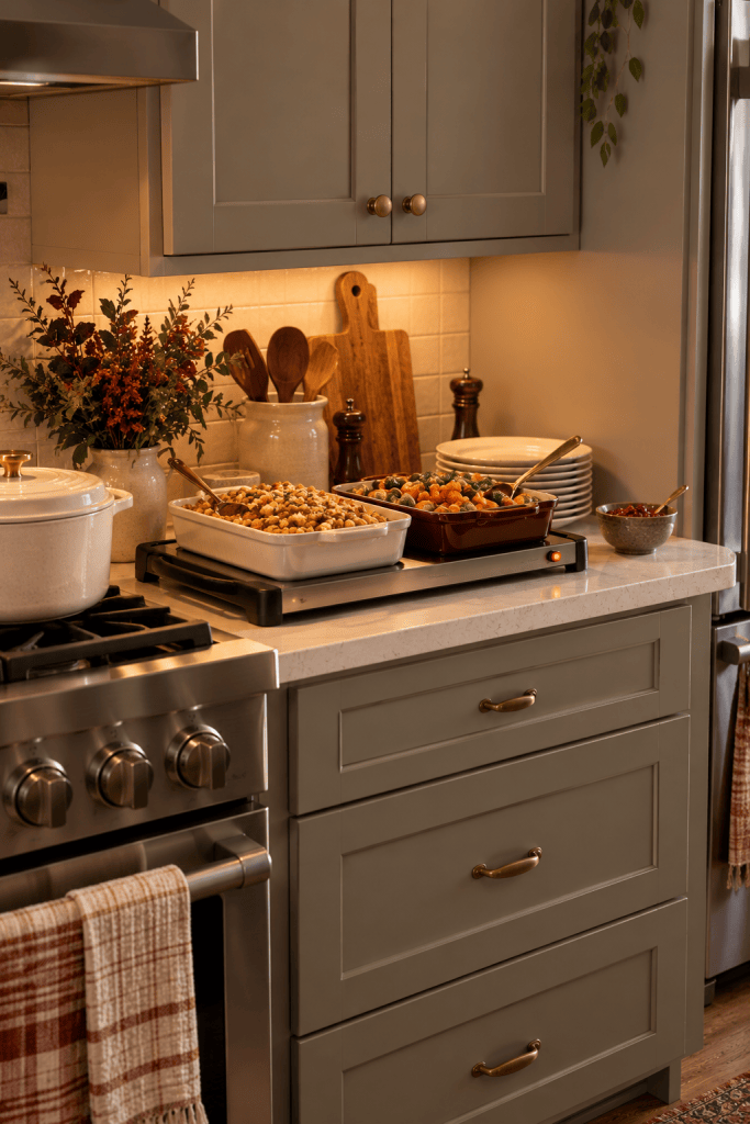Electric food warming tray holding Thanksgiving side dishes on a small apartment kitchen counter