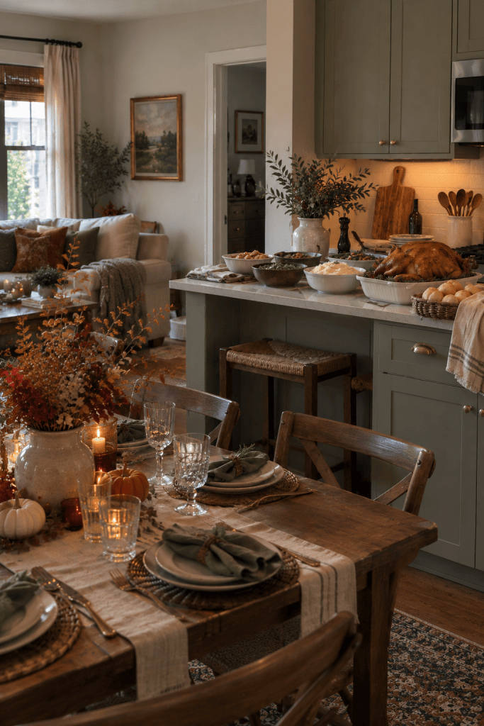Small apartment kitchen and dining area prepared for Thanksgiving with compact serving equipment and organized food