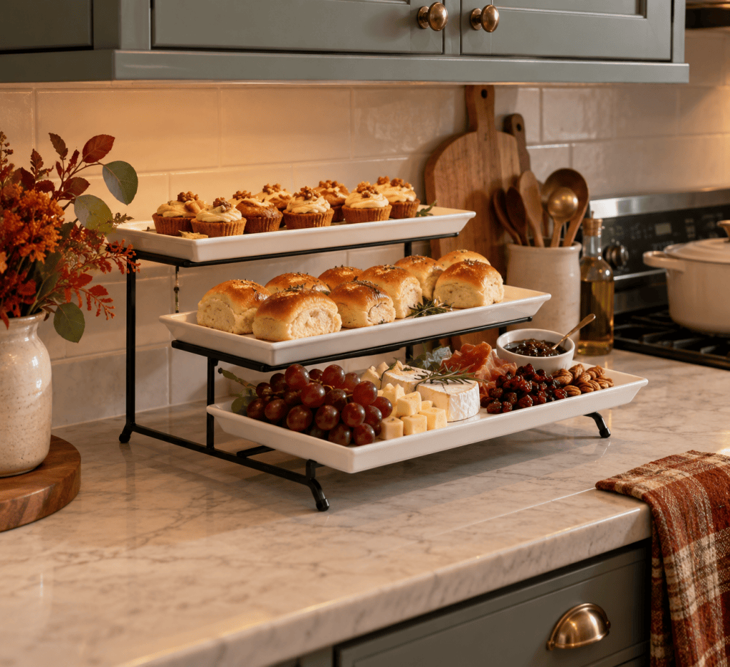 Three-tier serving stand displaying Thanksgiving rolls and desserts on a compact kitchen counter