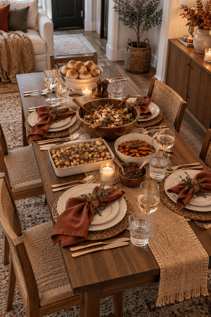 Wooden serving bowl with seasonal pears and apples on a compact Thanksgiving dining table